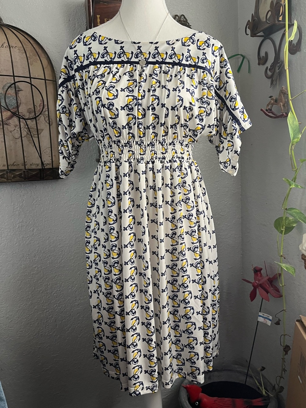 Vintage Betsey Johnson sailor anchor White Midi Dress with Navy and Yellow